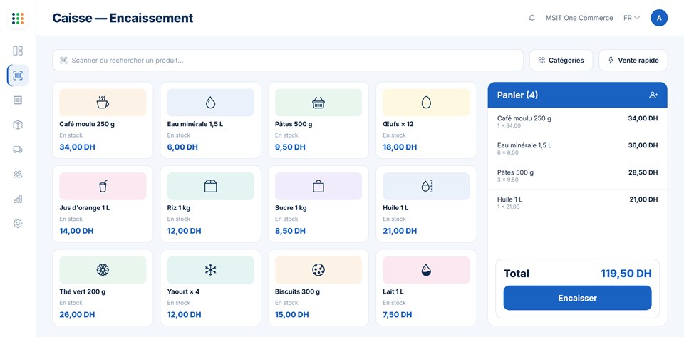 Caisse de MSIT One Commerce : produits, panier et encaissement