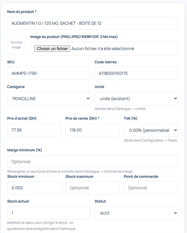 Fiche produit : nom, code-barres, catégorie, prix d'achat, prix de vente, TVA et seuils de stock