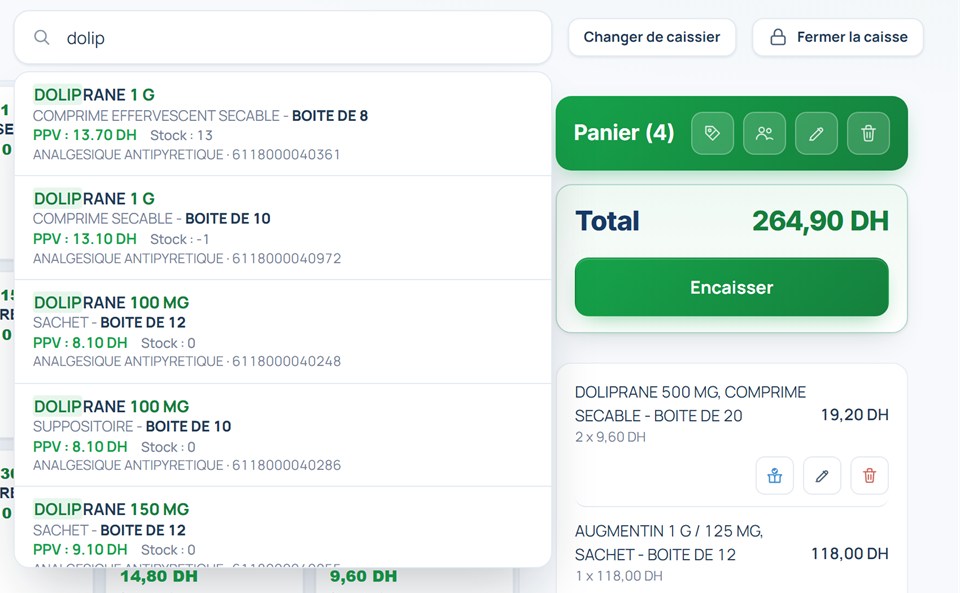 Recherche d'un médicament avec PPV, stock, catégorie thérapeutique et code-barres